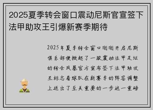 2025夏季转会窗口震动尼斯官宣签下法甲助攻王引爆新赛季期待 2025夏季转会窗口震动尼斯官宣签下法甲助攻王引爆新赛季期待