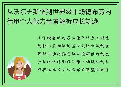 从沃尔夫斯堡到世界级中场德布劳内德甲个人能力全景解析成长轨迹