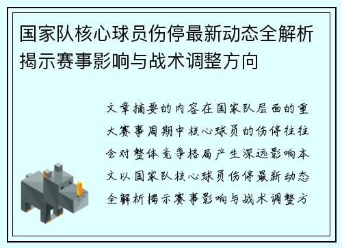 国家队核心球员伤停最新动态全解析揭示赛事影响与战术调整方向
