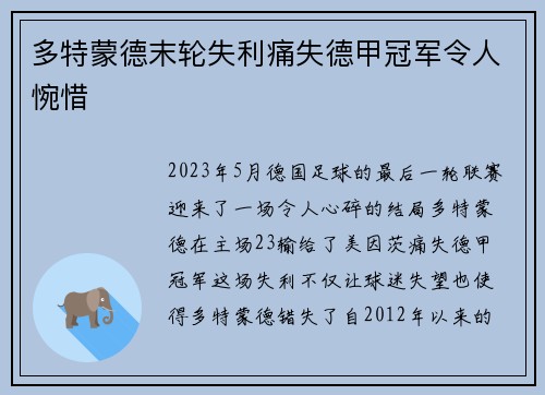 多特蒙德末轮失利痛失德甲冠军令人惋惜